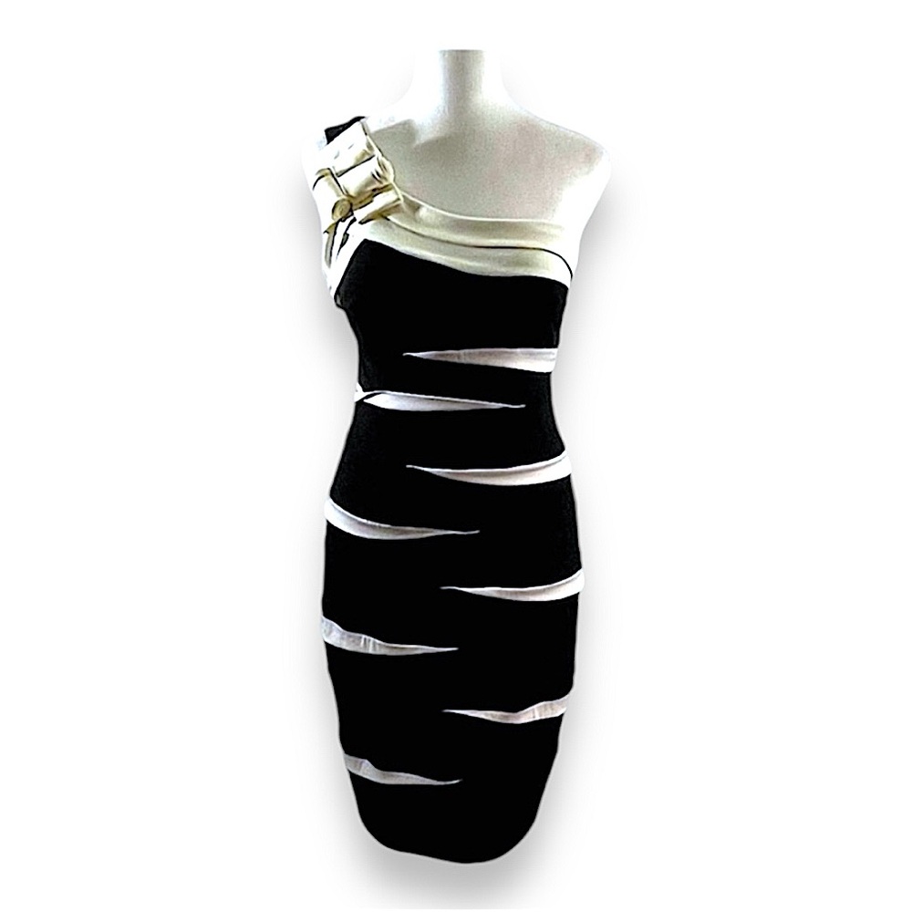 ENFOCUS VTG Dramatic Black & Ivory 1 Shoulder Hollywood Vibe Cocktail Dress 6
